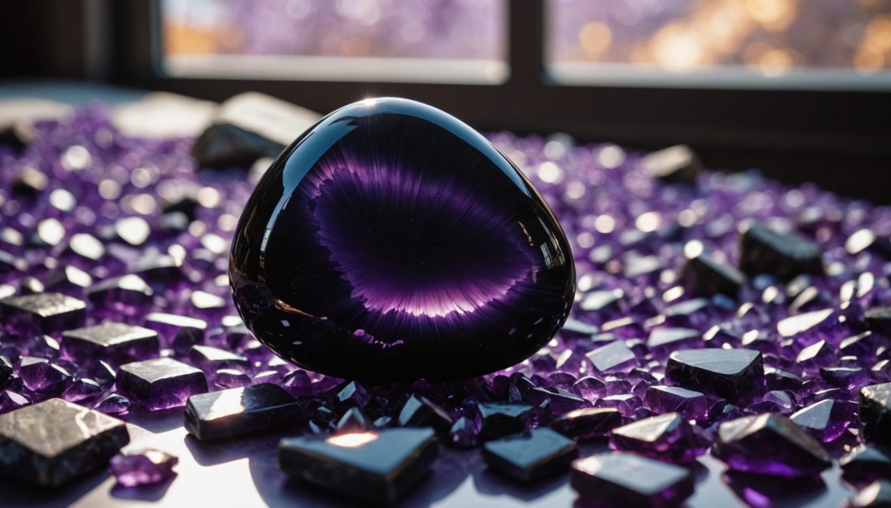 Pierre noire brillante sur fond clair  
Gemme sombre étincelante sous la lumière