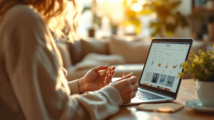 Femme assise à une table en bois, comparant deux colliers devant un ordinateur portable affichant des pages produit. Lumière chaude de fin d'après-midi traversant la fenêtre, ambiance cosy, tons beige et doré.