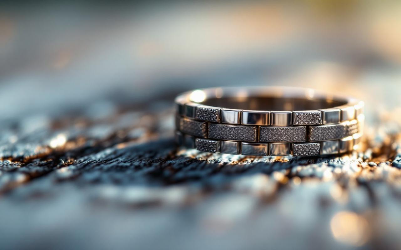 Gros plan d'un bracelet en acier inoxydable et d'une bague en argent 925 posés sur une surface en bois, éclairage doux de coucher de soleil, reflets métalliques et arrière-plan flou.