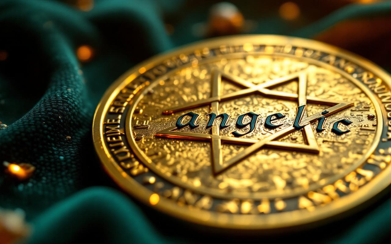 Gros plan d'une médaille plaquée or avec heptagramme en relief et inscriptions angéliques gravées, finitions dorées et patine subtile, posée sur un velours sombre, éclairage chaud de bougie avec reflets brillants et ombres profondes.