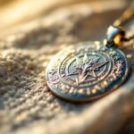 Gros plan d'un pendentif en argent gravé du sceau des sept archanges posé sur du lin beige, lumière naturelle douce avec léger contre-jour, reflets argentés et arrière-plan flou