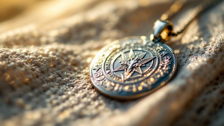 Gros plan d'un pendentif en argent gravé du sceau des sept archanges posé sur du lin beige, lumière naturelle douce avec léger contre-jour, reflets argentés et arrière-plan flou