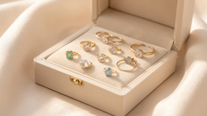 Coffret élégant contenant plusieurs bijoux de naissance en or, posés avec raffinement sur un tissu clair.