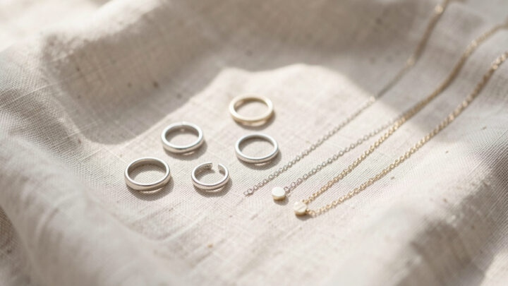 Sélection élégante de bijoux minimalistes posés sur un tissu clair, éclairage doux et ambiance apaisante, détails métalliques délicats et composition harmonieuse.