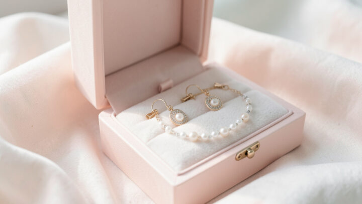 Coffret de bijoux élégant pour enfant, ouvert sur un tissu clair avec plusieurs bijoux délicats, ambiance douce et lumineuse.