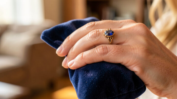 Gros plan sur la main d’une femme portant une ancienne bague en or ornée d’un saphir solidement serti, près d’une pochette en velours.
