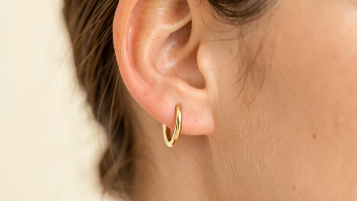 Gros plan sur l’oreille d’une femme portant de petites boucles d’oreilles hypoallergéniques au design minimaliste.