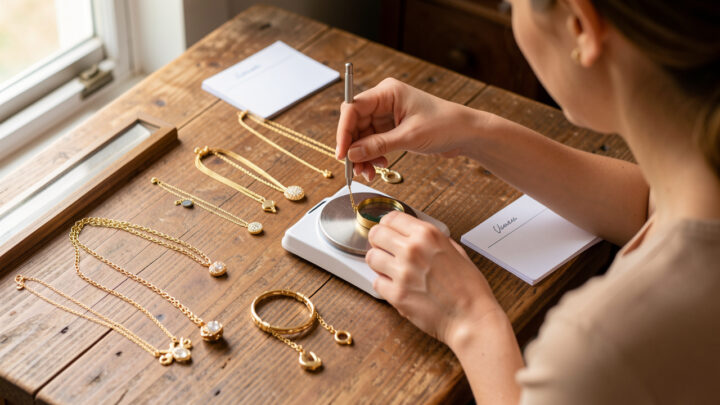 Une femme examine plusieurs bijoux en or sur une table en bois, avec une balance de précision, une loupe et des fiches d’estimation vierges, éclairés par une lumière naturelle.