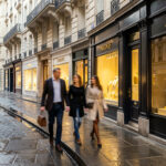 Rue parisienne élégante bordée de vitrines de bijouteries aux reflets dorés, avec des passants flous dans une lumière naturelle.
