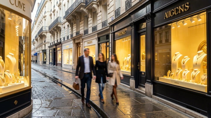 Rue parisienne élégante bordée de vitrines de bijouteries aux reflets dorés, avec des passants flous dans une lumière naturelle.