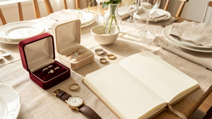 Table familiale lumineuse avec des écrins ouverts contenant des bagues anciennes, une alliance, une montre classique et un carnet d’inventaire ouvert aux pages vierges.