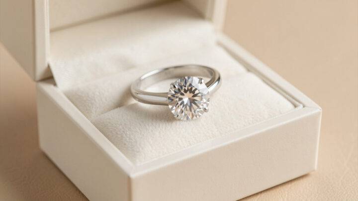 Bague contemporaine en argent sertie d’un diamant de laboratoire rond, présentée dans un écrin minimaliste sous une lumière naturelle.