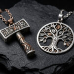 Bijoux nordiques artisanaux en métal argenté et bronze, avec pendentifs en forme de marteau mythique et d’arbre de vie, présentés sur un fond sombre.