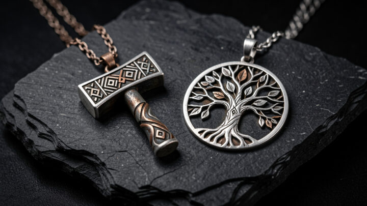 Bijoux nordiques artisanaux en métal argenté et bronze, avec pendentifs en forme de marteau mythique et d’arbre de vie, présentés sur un fond sombre.