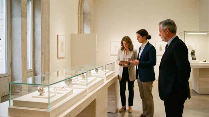 Vue intérieure d’une exposition parisienne de bijoux contemporains, avec des vitrines épurées présentant des broches et des bagues sculpturales, tandis que deux femmes et un homme observent les pièces sous une lumière douce.